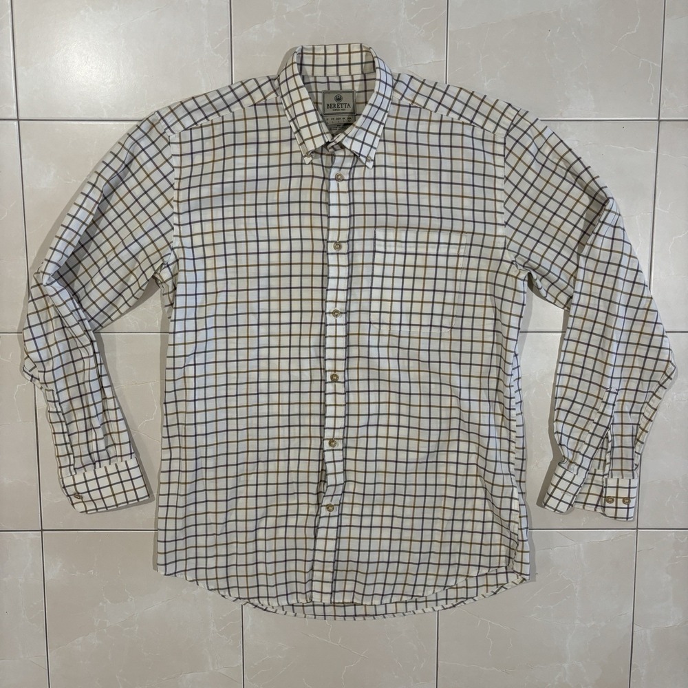 Beretta Button Down Shirt Long Sleeve Plaid Shooting Hunting Men's L White